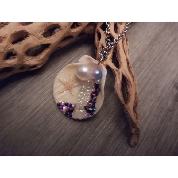 Mermaid Bubble Ariel Real Starfish faux jewels pearls seashell necklace ooak #86 - Picture 7 of 8